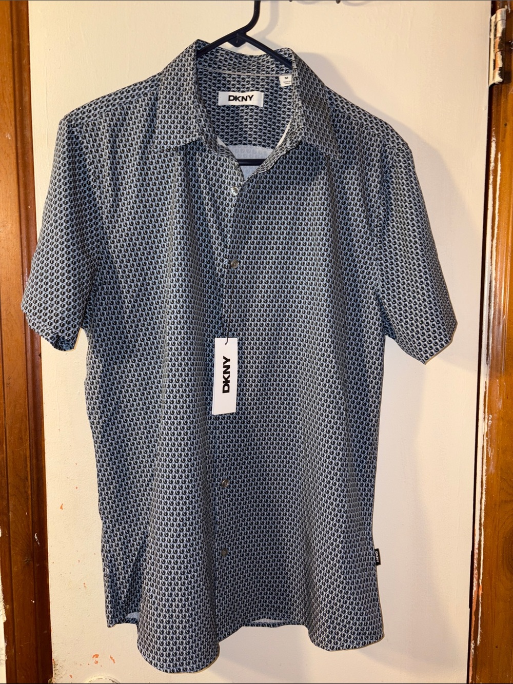 DKNY Men’s Navy Micro-Pattern Short Sleeve Button-Up Shirt